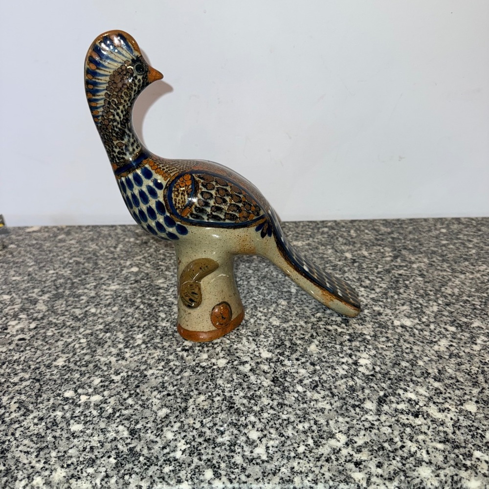 Tonala Vintage Bird Figurine Mexico Blue Brown Hand Painted Pottery Stoneware - Picture 3 of 4